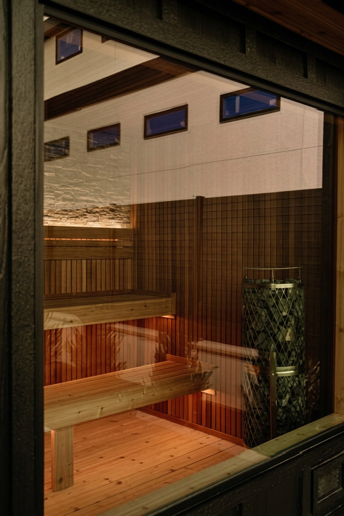 Clear slatted cedar sauna interior